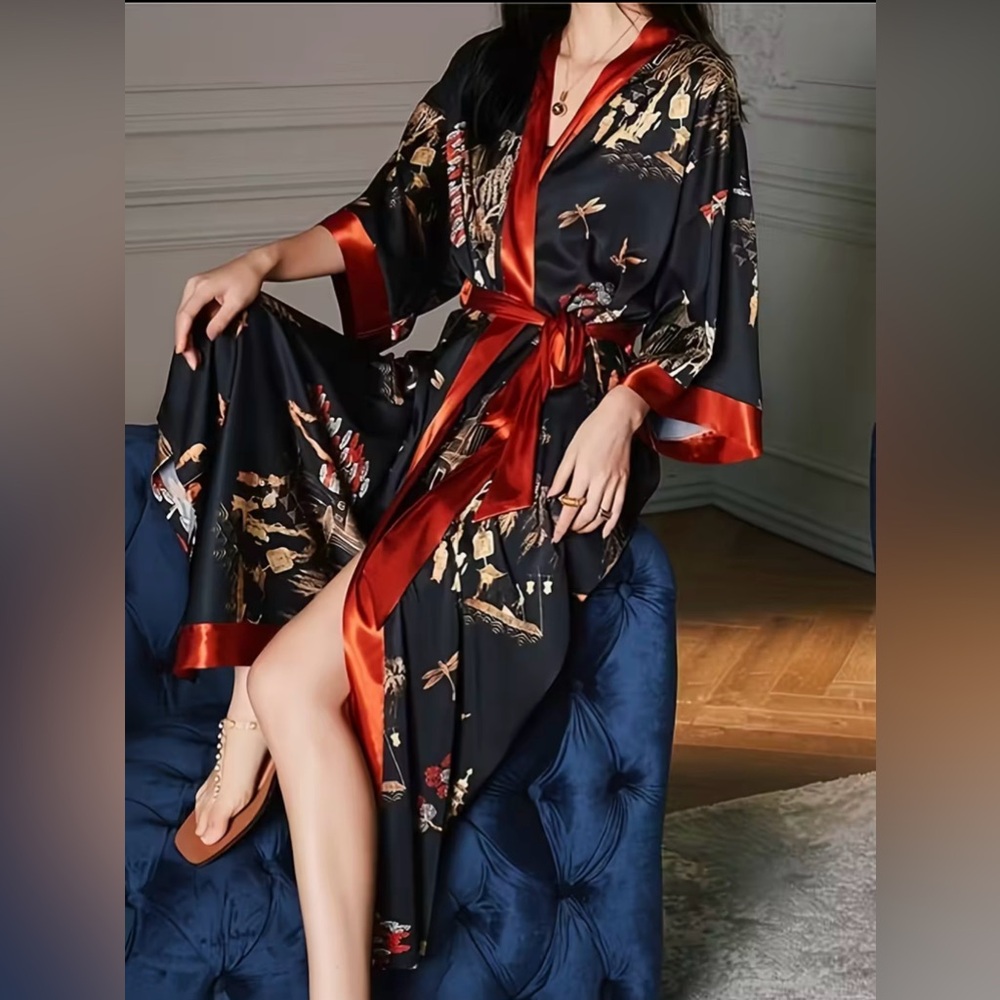 Elegant Black and Orange Women's Kimono Robe